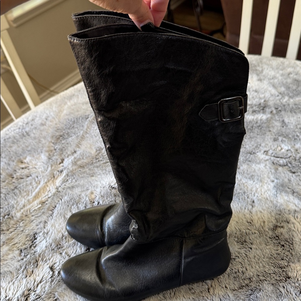 Women’s 8 1/2 Black‎ Slouchy Mid-Calf Boot Back Buckle Wedge Heel Leather Upper - Picture 4 of 13